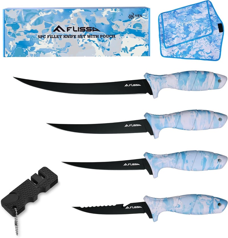 FLISSA Fillet Knife Set with 5"/6"/7"/9" Fillet Knives, Sharpener, Protective Sheath, Portable Roll Bag, Gifts for Fishermen, Saltwater & Freshwater Use - Image 1